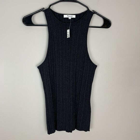 NWT Madewell Crop Tank Top Medium Black Shimmer Cross straps Stretch Sleeveless - Picture 1 of 8